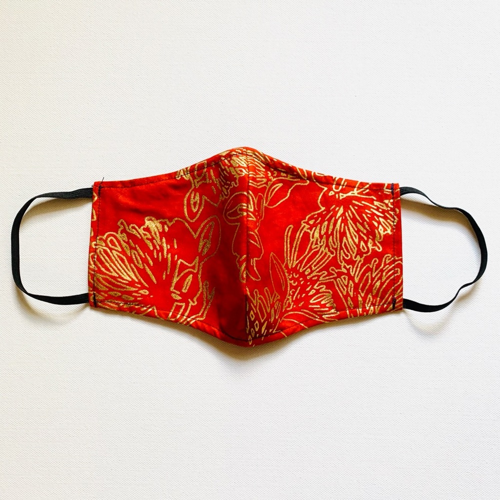NEW Handmade Batik Golden Lehua Orange Print Face Mask